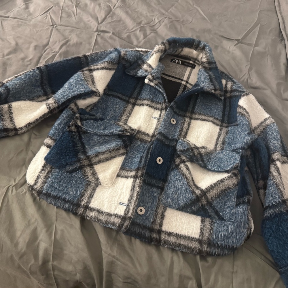 Zara Kids Blue and White Plaid Jean Jacket - Picture 2 of 11